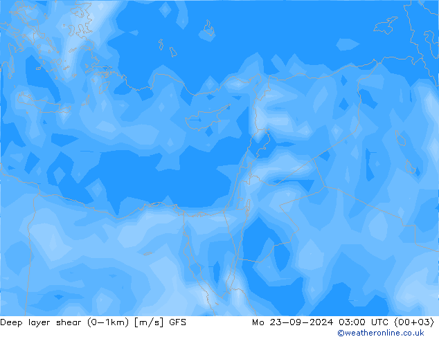 Deep layer shear (0-1km) GFS ma 23.09.2024 03 UTC