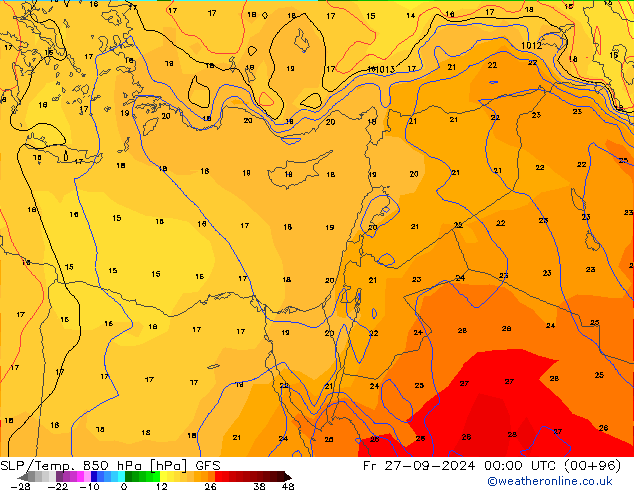 SLP/Temp. 850 hPa GFS Fr 27.09.2024 00 UTC