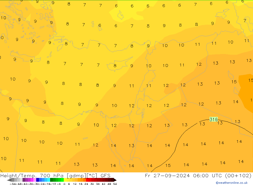Height/Temp. 700 hPa GFS Fr 27.09.2024 06 UTC