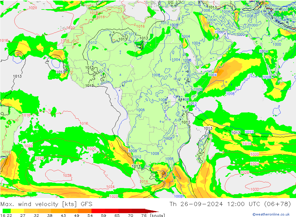 Max. wind velocity GFS Čt 26.09.2024 12 UTC