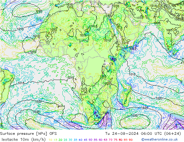 Isotachs (kph) GFS Tu 24.09.2024 06 UTC