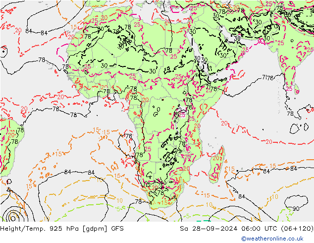 Height/Temp. 925 hPa GFS Sa 28.09.2024 06 UTC