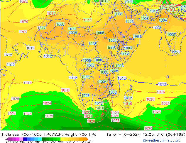 Thck 700-1000 hPa GFS mar 01.10.2024 12 UTC