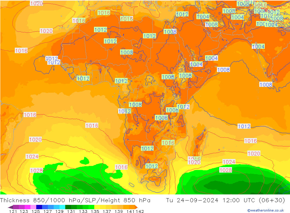 Thck 850-1000 hPa GFS wto. 24.09.2024 12 UTC