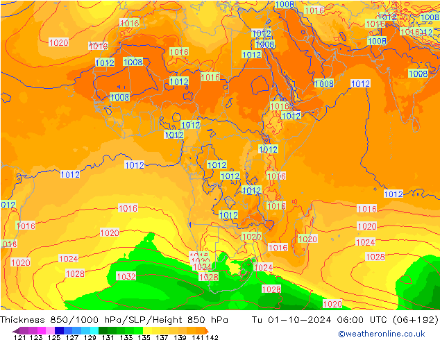 Dikte 850-1000 hPa GFS di 01.10.2024 06 UTC