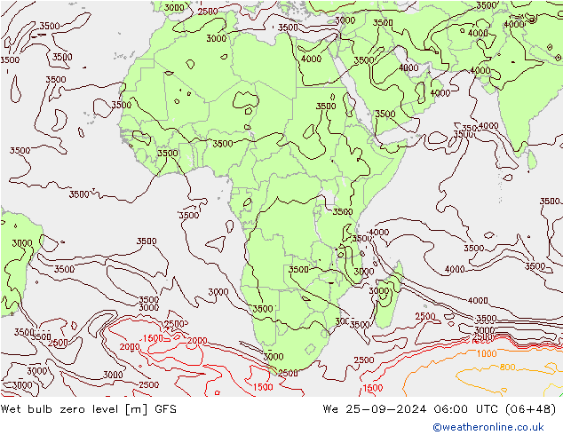 Wet bulb zero level GFS We 25.09.2024 06 UTC