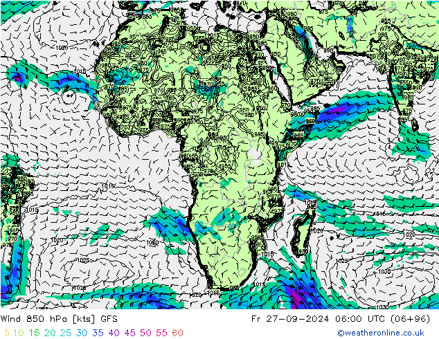 Rüzgar 850 hPa GFS Cu 27.09.2024 06 UTC