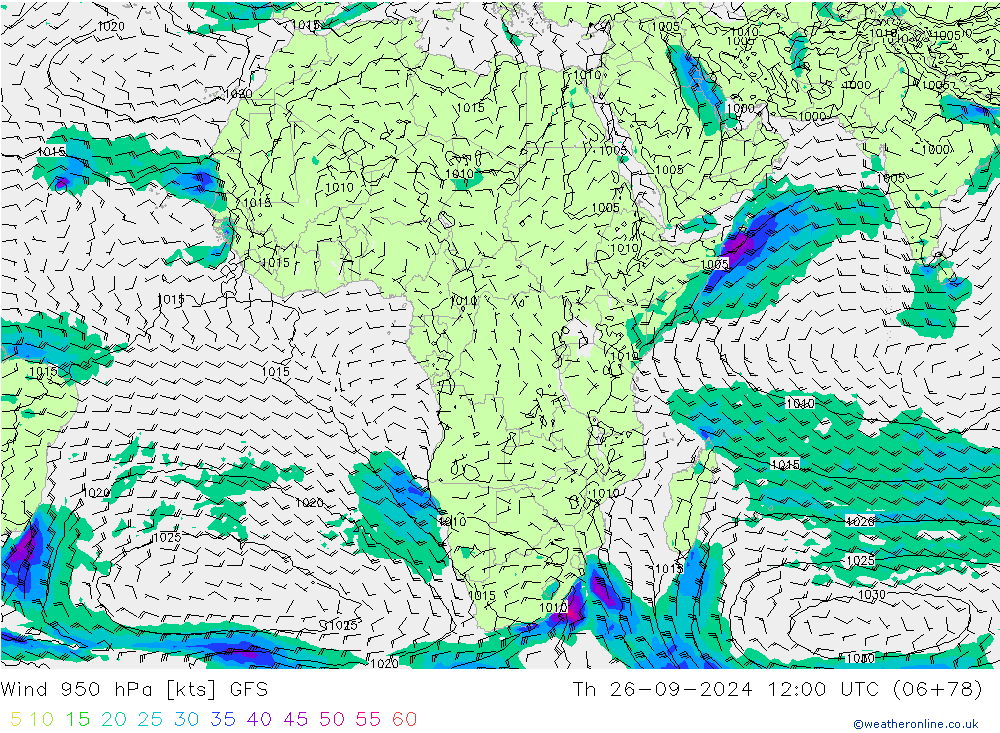 Vento 950 hPa GFS gio 26.09.2024 12 UTC