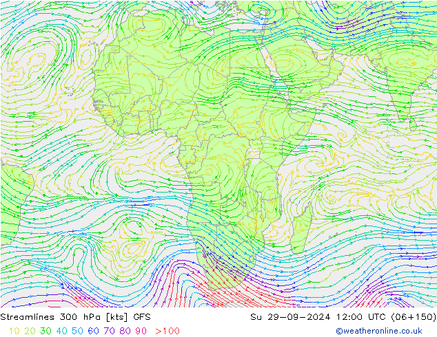 Linea di flusso 300 hPa GFS dom 29.09.2024 12 UTC