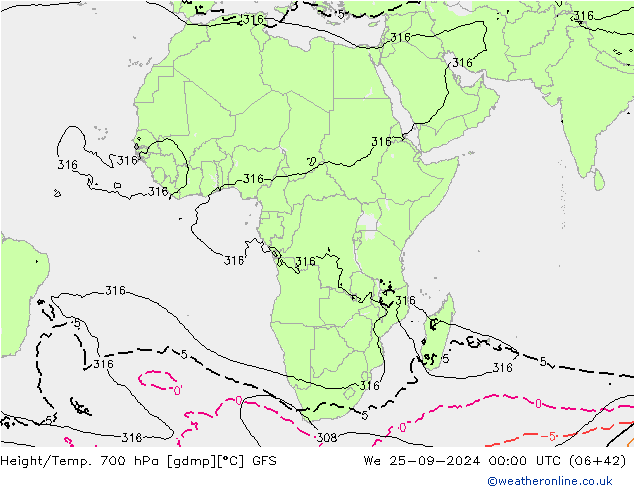 Height/Temp. 700 hPa GFS Qua 25.09.2024 00 UTC