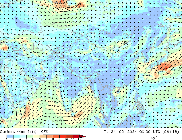 Surface wind (bft) GFS Tu 24.09.2024 00 UTC