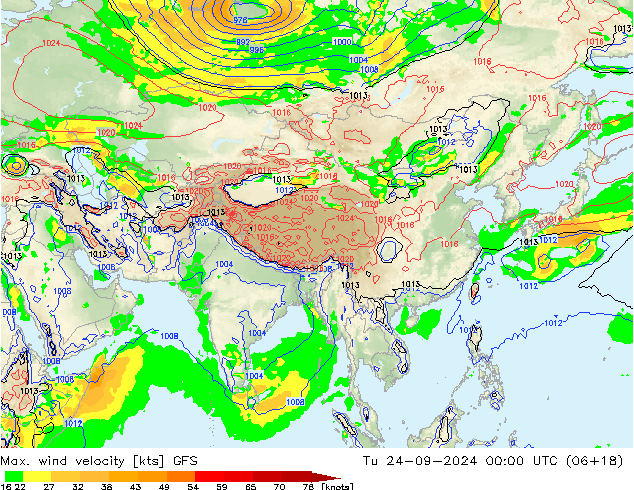 Max. wind velocity GFS Tu 24.09.2024 00 UTC