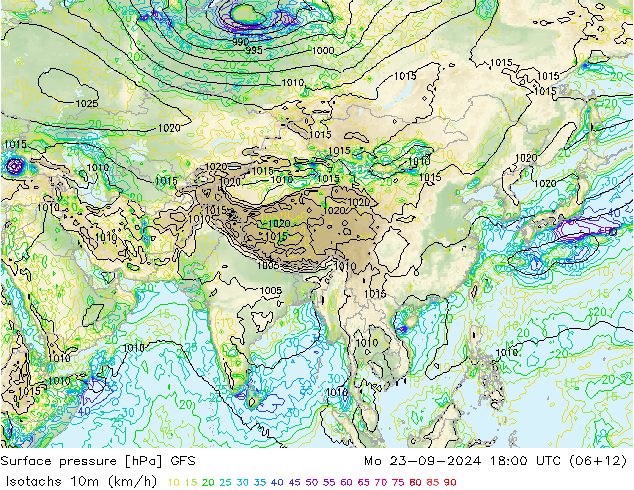 Isotachs (kph) GFS Mo 23.09.2024 18 UTC