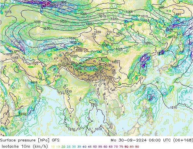 Isotachen (km/h) GFS ma 30.09.2024 06 UTC