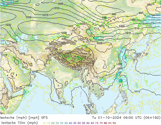 Isotachs (mph) GFS mar 01.10.2024 06 UTC