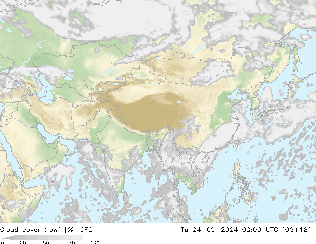 Cloud cover (low) GFS Tu 24.09.2024 00 UTC