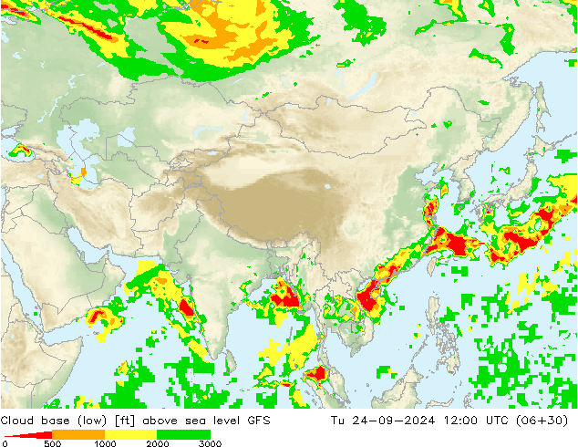 Cloud base (low) GFS Tu 24.09.2024 12 UTC