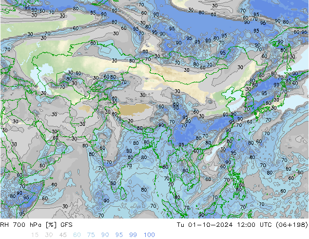 RH 700 hPa GFS Tu 01.10.2024 12 UTC