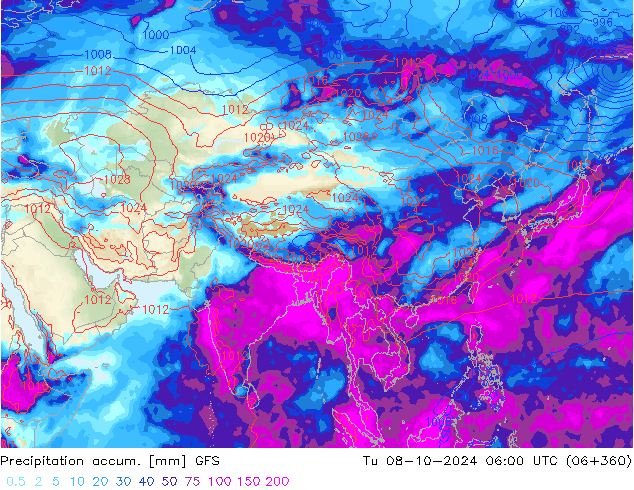 Totale neerslag GFS di 08.10.2024 06 UTC