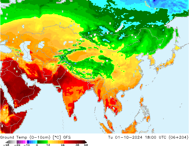 Ground Temp (0-10cm) GFS Tu 01.10.2024 18 UTC