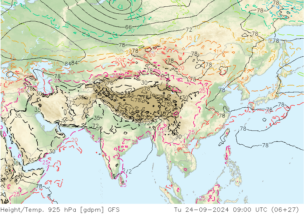 Height/Temp. 925 hPa GFS mar 24.09.2024 09 UTC