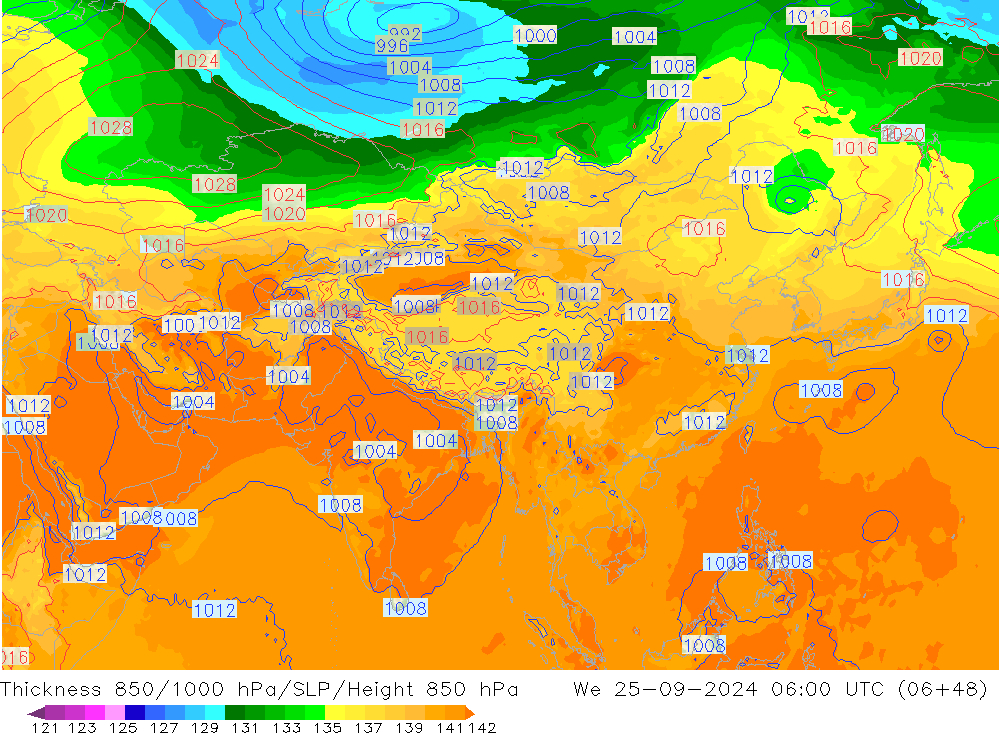 Thck 850-1000 hPa GFS St 25.09.2024 06 UTC