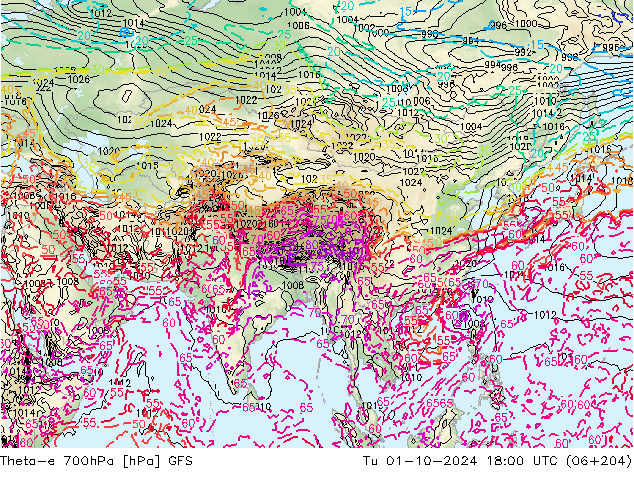 Theta-e 700hPa GFS Tu 01.10.2024 18 UTC