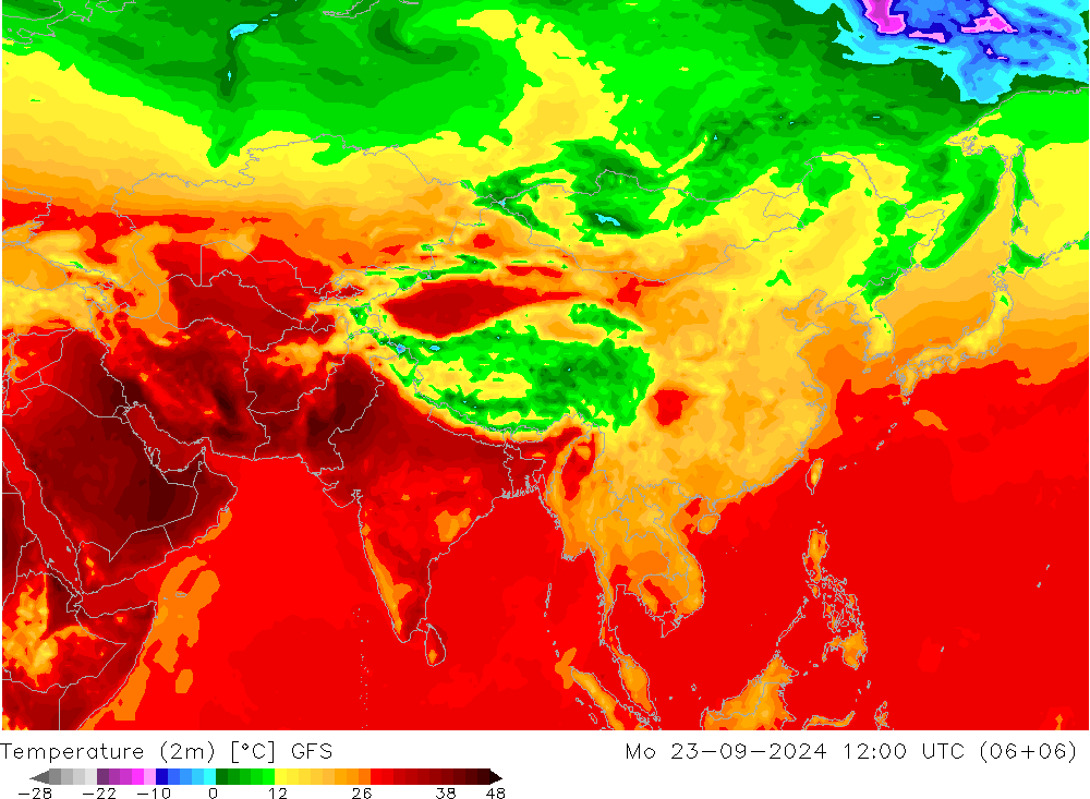 Temperatuurkaart (2m) GFS ma 23.09.2024 12 UTC