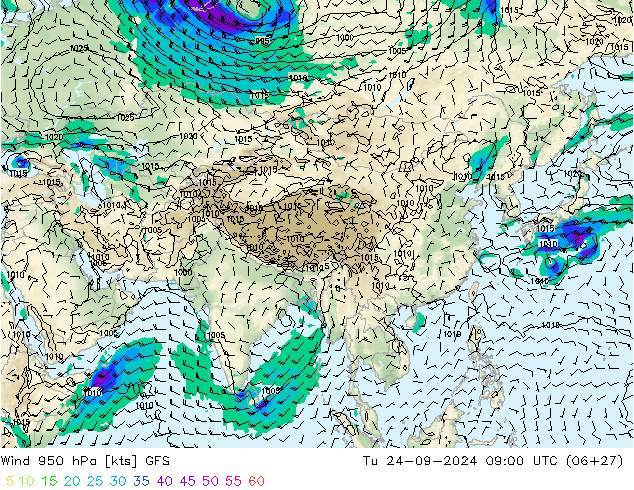 Wind 950 hPa GFS Tu 24.09.2024 09 UTC