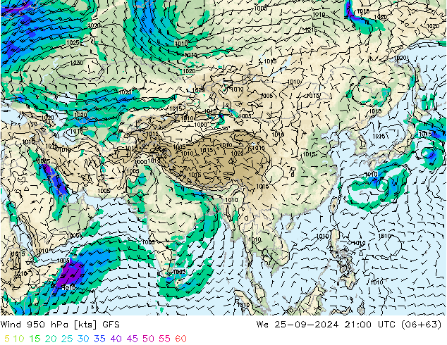 Rüzgar 950 hPa GFS Çar 25.09.2024 21 UTC