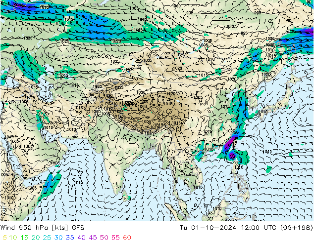 Vento 950 hPa GFS Ter 01.10.2024 12 UTC