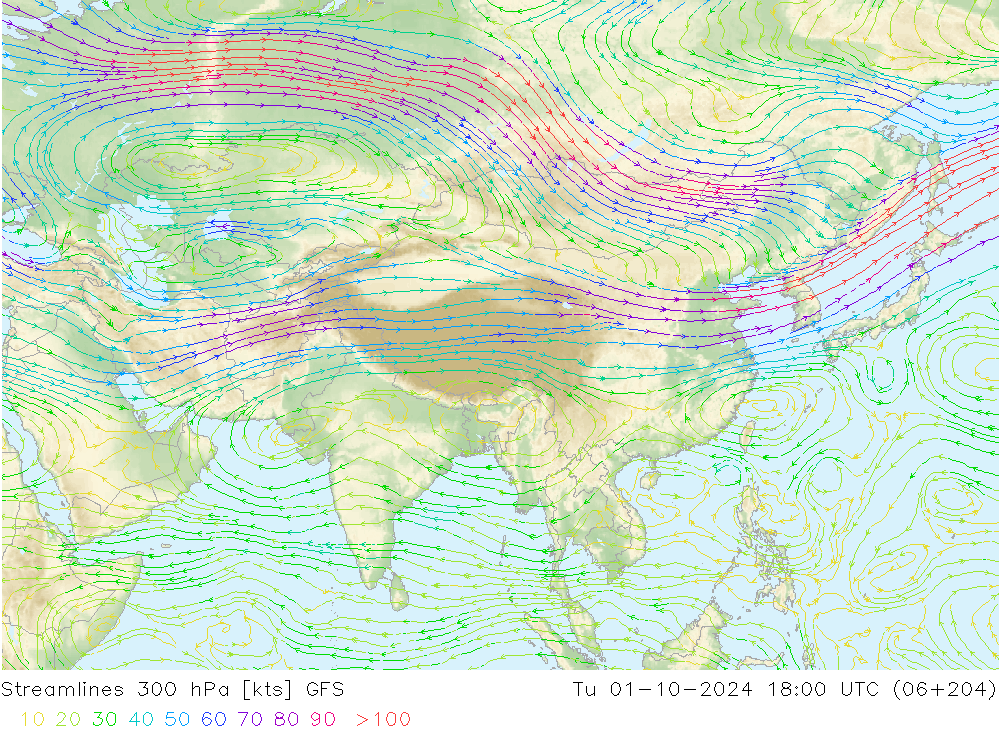 Linia prądu 300 hPa GFS wto. 01.10.2024 18 UTC