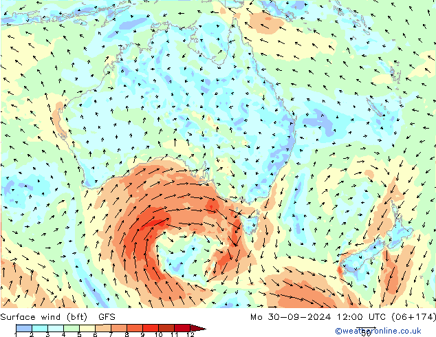 Bodenwind (bft) GFS Mo 30.09.2024 12 UTC