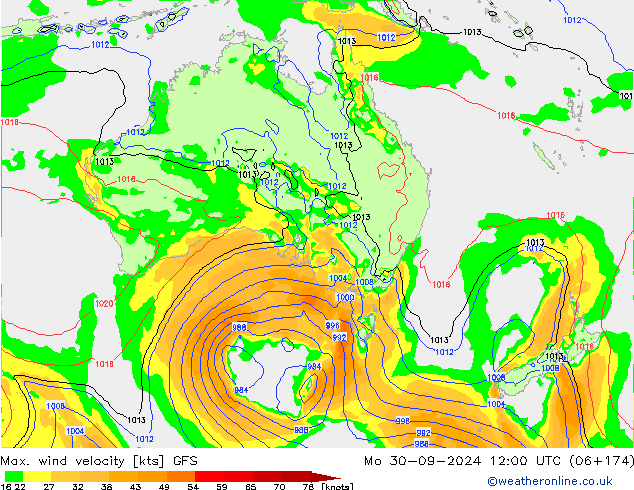 Max. wind velocity GFS pon. 30.09.2024 12 UTC