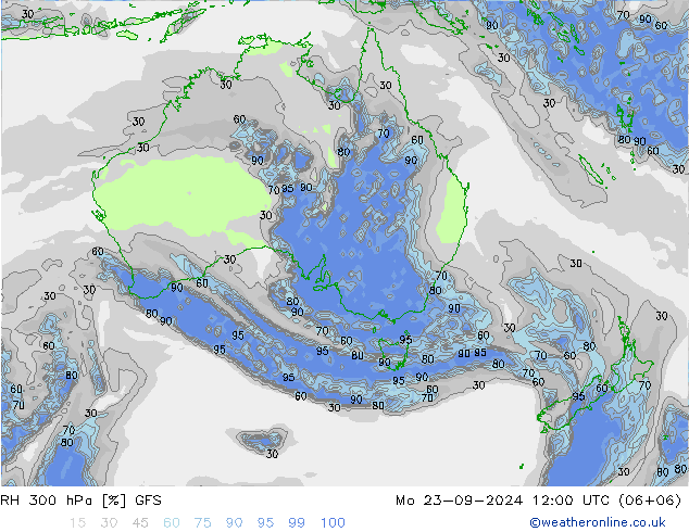 RH 300 hPa GFS Mo 23.09.2024 12 UTC