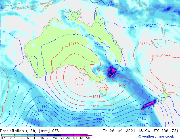 Precipitation (12h) GFS Čt 26.09.2024 06 UTC