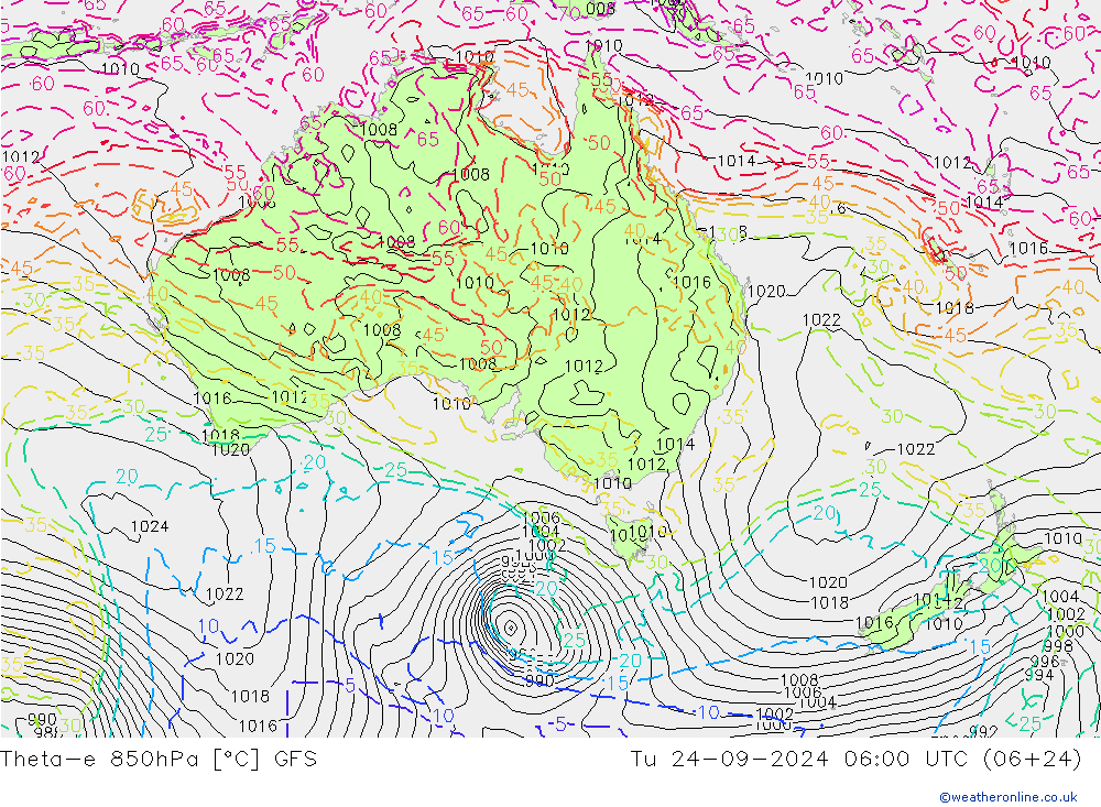 Theta-e 850hPa GFS Sa 24.09.2024 06 UTC