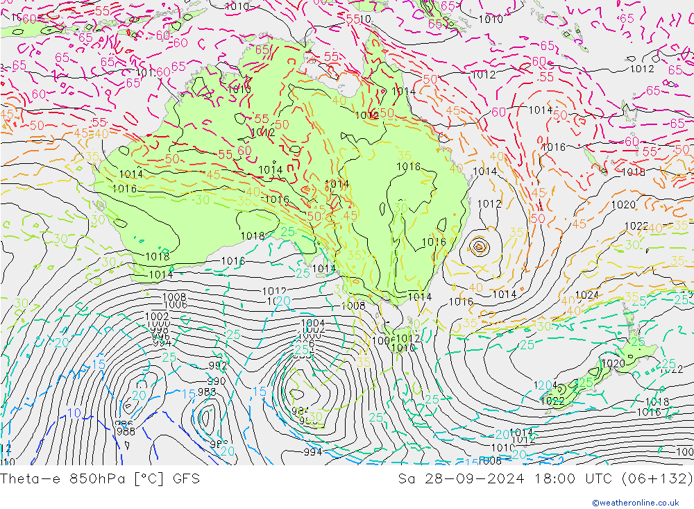 Theta-e 850hPa GFS Sáb 28.09.2024 18 UTC