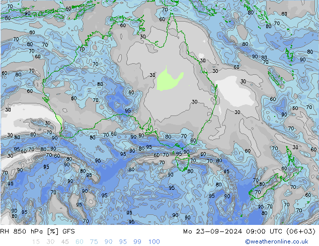 Humidité rel. 850 hPa GFS lun 23.09.2024 09 UTC