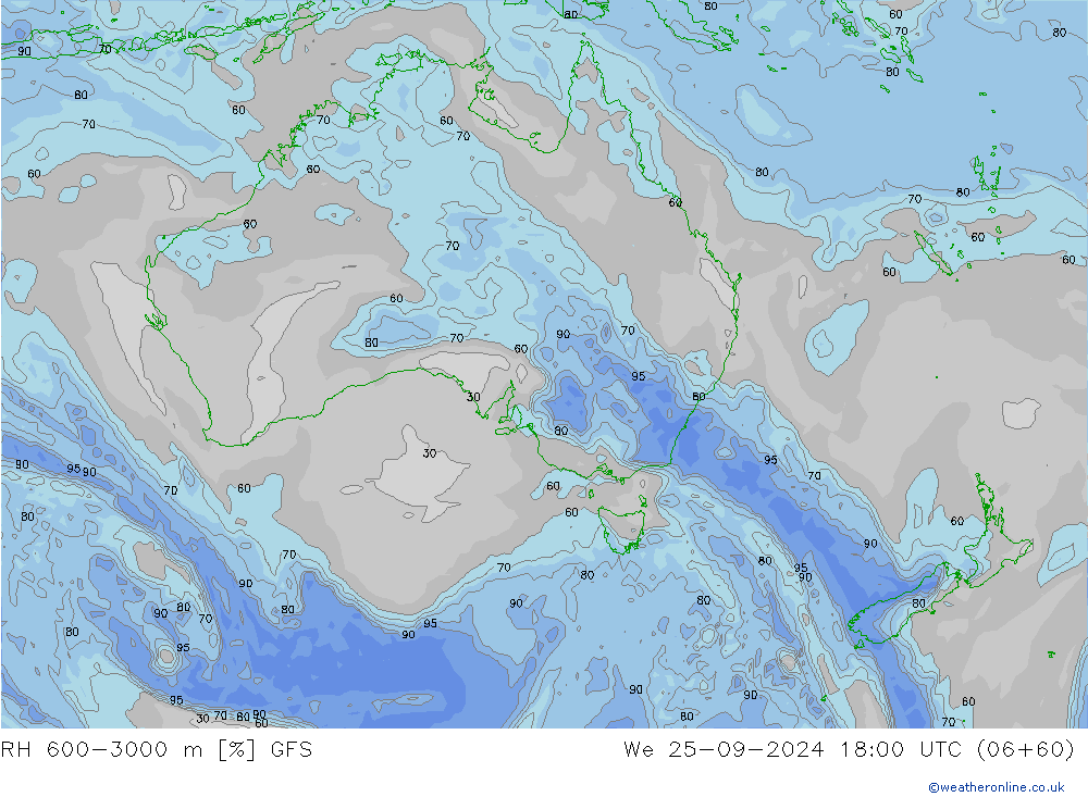 RH 600-3000 m GFS śro. 25.09.2024 18 UTC