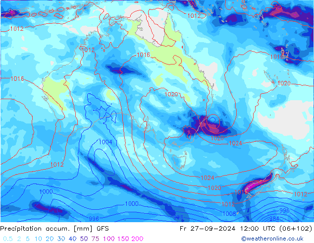 Precipitación acum. GFS vie 27.09.2024 12 UTC