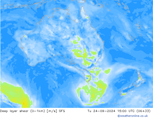 Deep layer shear (0-1km) GFS Tu 24.09.2024 15 UTC