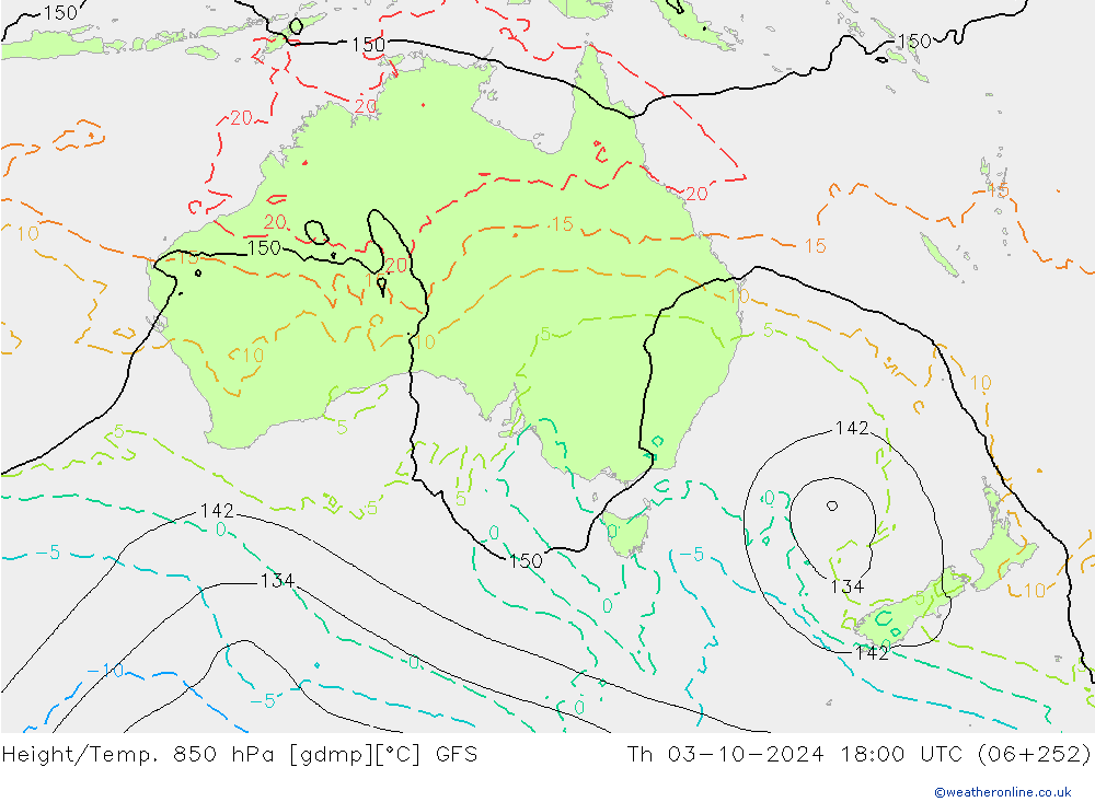 Hoogte/Temp. 850 hPa GFS do 03.10.2024 18 UTC