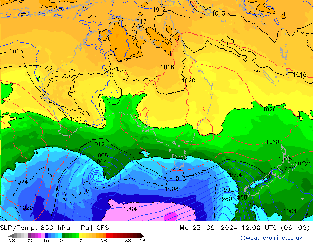 SLP/Temp. 850 hPa GFS ma 23.09.2024 12 UTC