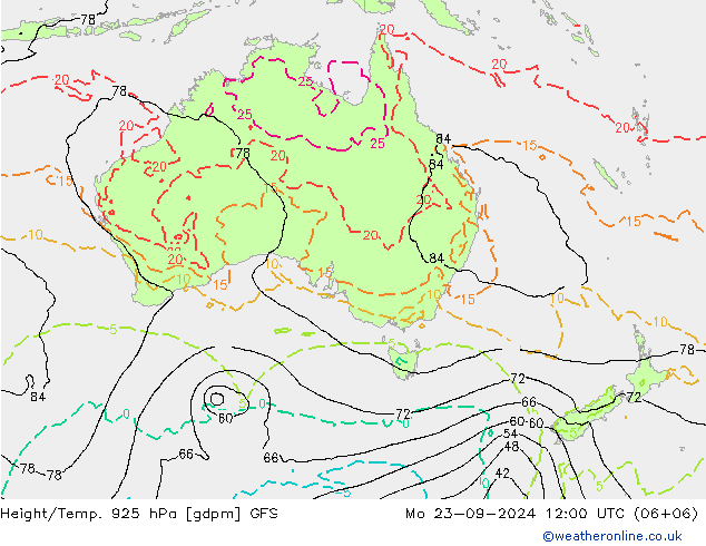 Geop./Temp. 925 hPa GFS lun 23.09.2024 12 UTC