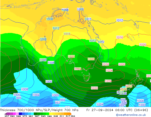 Dikte700-1000 hPa GFS vr 27.09.2024 06 UTC