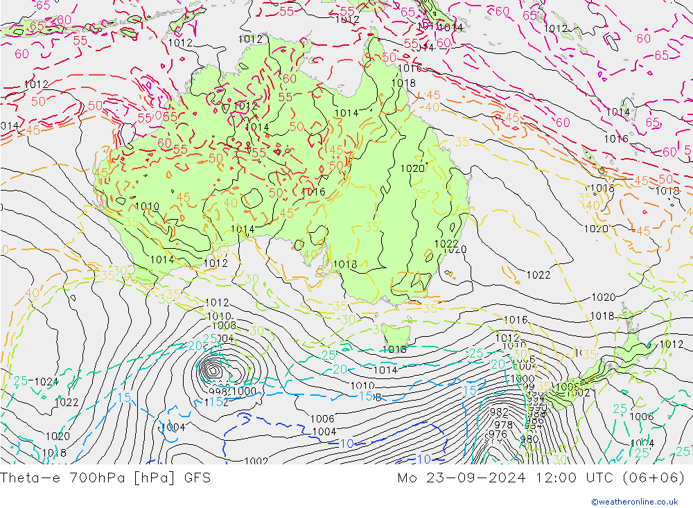 Theta-e 700hPa GFS pon. 23.09.2024 12 UTC