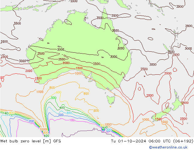 Wet bulb zero level GFS Tu 01.10.2024 06 UTC