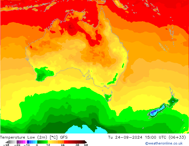 Min. Temperatura (2m) GFS wto. 24.09.2024 15 UTC