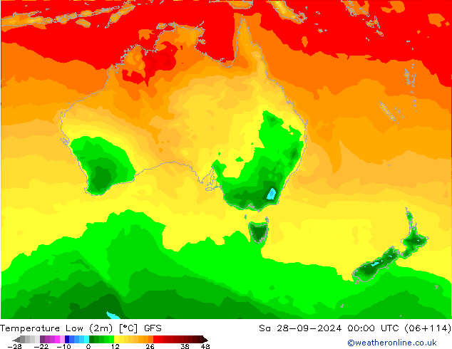 Min. Temperatura (2m) GFS so. 28.09.2024 00 UTC